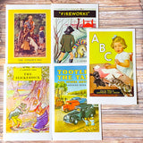 5 vintage ladybird book covers of childrens literature including the ABC learn with mother and tootles the taxi and other stories