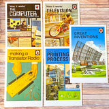vintage retro ladybird book cover postcards set of how it works with television, transistor radio, computer and great inventions