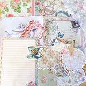 dainty tea time party vintage scrapbooking ephemera and stickers set including lace edge writing paper, envelopes, scrapbook paper sheets and die cut teacups and tea pots