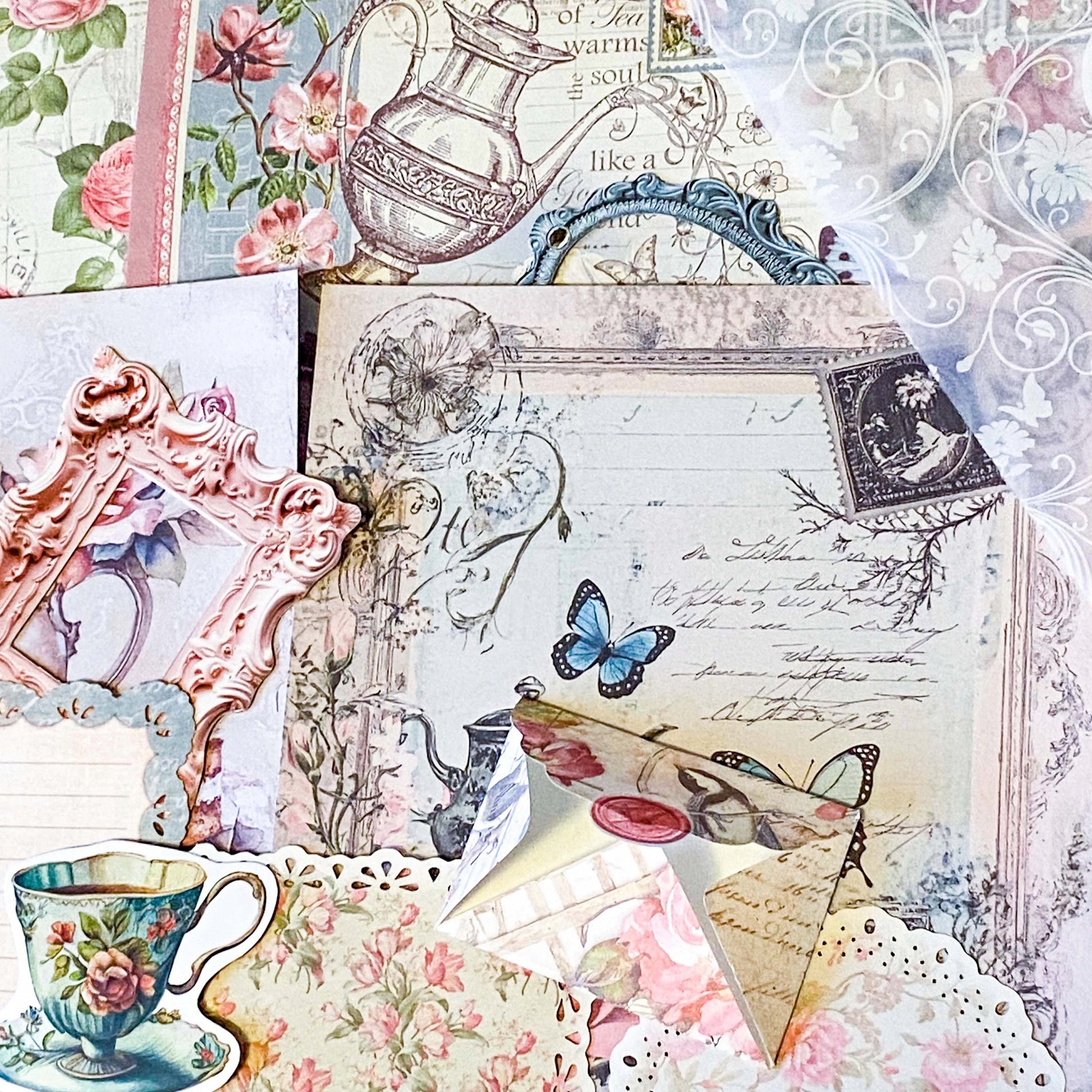 dainty tea time party vintage scrapbooking ephemera and stickers set including lace edge writing paper, envelopes, scrapbook paper sheets and die cut teacups and tea pots