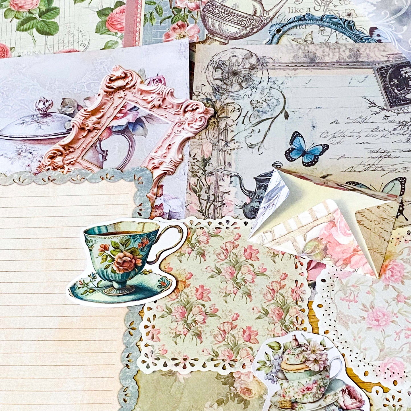 dainty tea time party vintage scrapbooking ephemera and stickers set including lace edge writing paper, envelopes, paper frames, scrapbook paper sheets and die cut teacups and tea pots