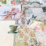 dainty tea time party vintage scrapbooking ephemera and stickers set including lace edge writing paper, envelopes, paper frames, scrapbook paper sheets and die cut teacups and tea pots