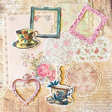 dainty tea time party vintage scrapbooking ephemera and stickers set including lace edge writing paper, envelopes, scrapbook paper sheets and die cut teacups and tea pots
