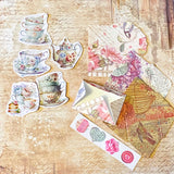 dainty tea time party vintage scrapbooking ephemera and stickers set including lace edge writing paper, envelopes, scrapbook paper sheets and die cut teacups and tea pots