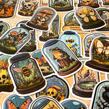 curiosity cabinet specimen dome stickers with butterflies, mushrooms, birds and skulls vintage natural history style laptop sticker set