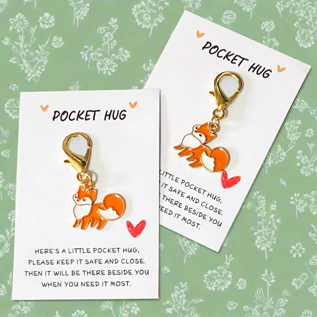 pocket hug fox foxes orange and white enamel charm clip clips charms bag pocket hug friendship lucky gift gifts uk cute kawaii stationery present friend 