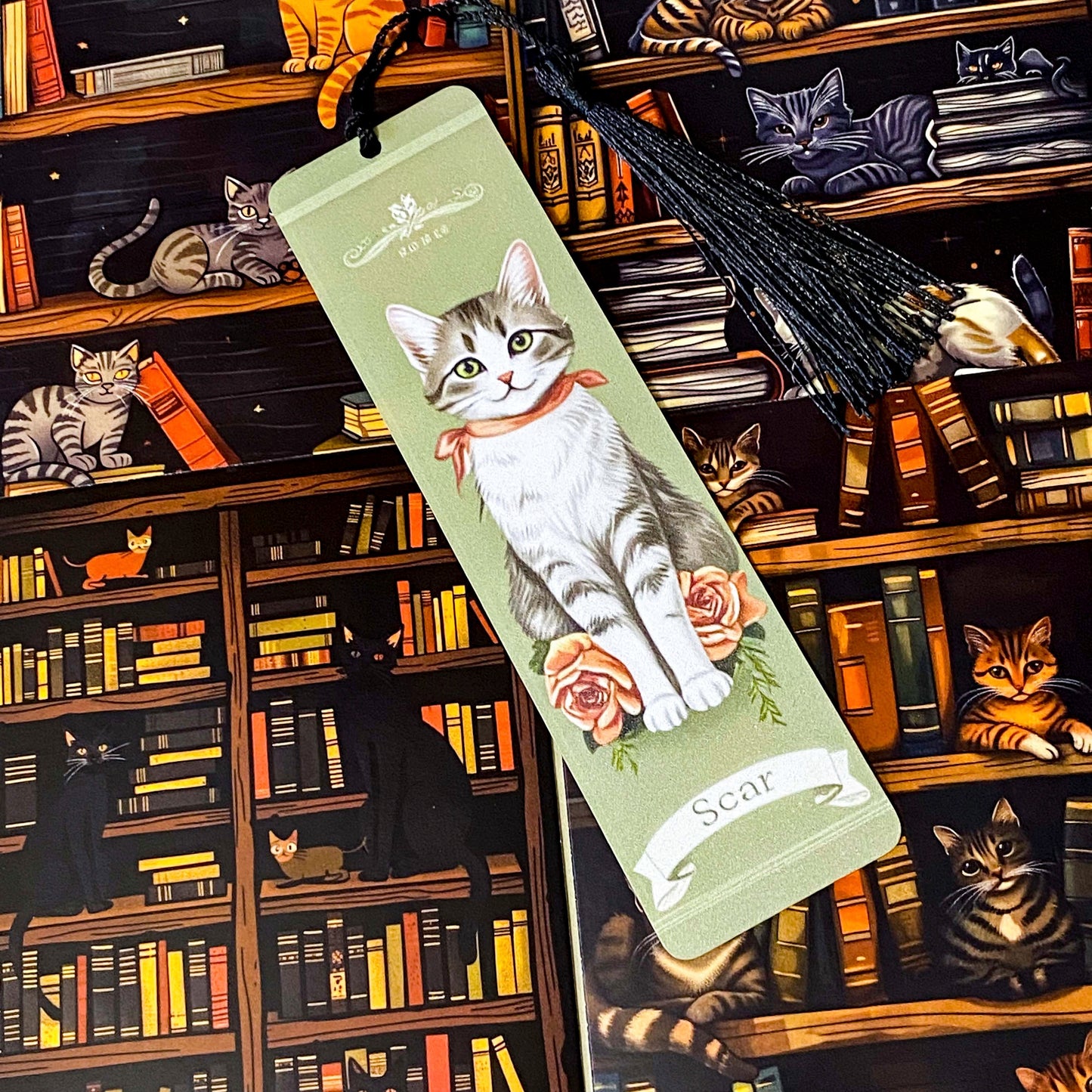 cats in the library vintage bookish gift bundle with acrylic black tassel bookmark and 3 cats postcards. uk cute letterbox mini gifts.