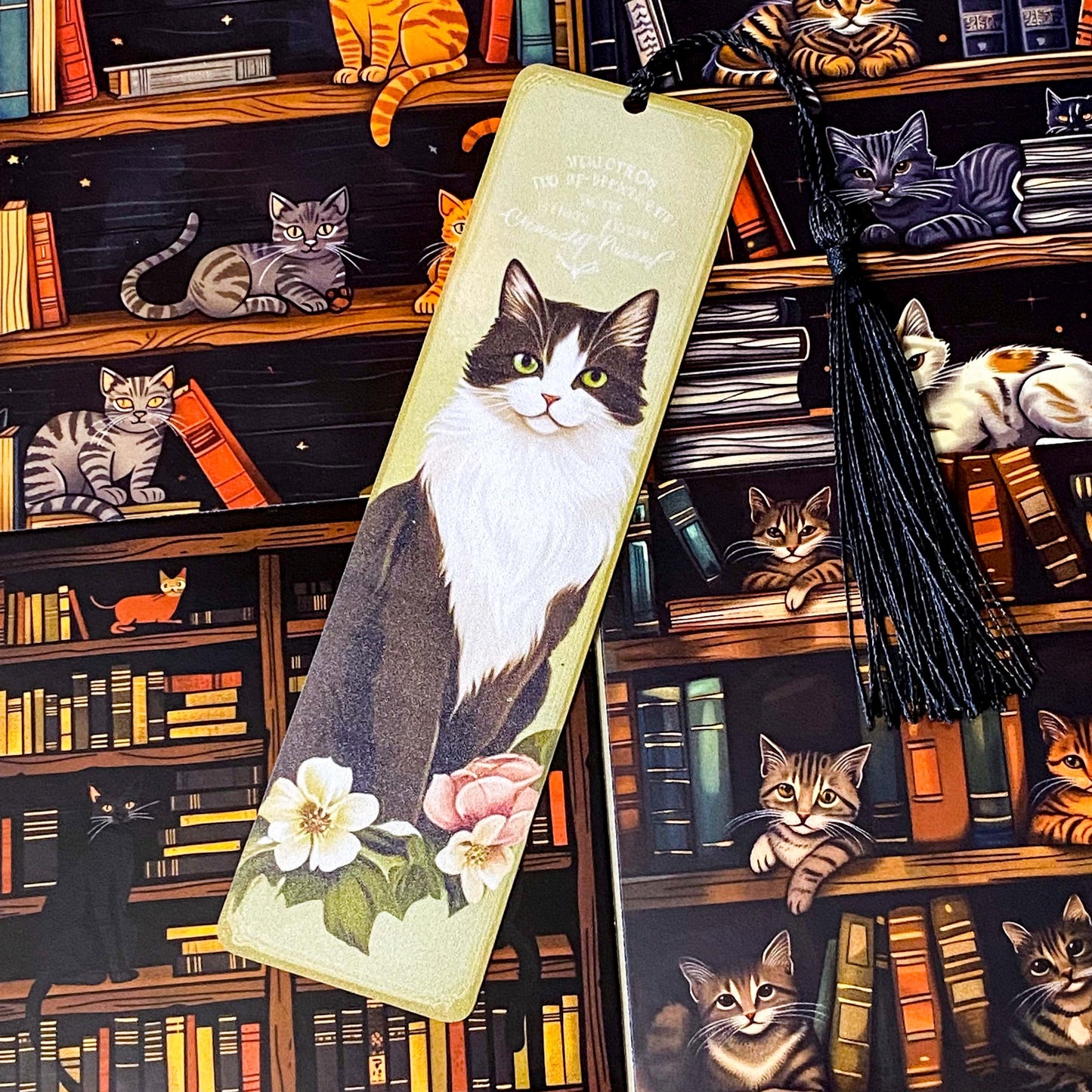 cats in the library vintage bookish gift bundle with acrylic black tassel bookmark and 3 cats postcards. uk cute letterbox mini gifts.