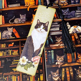 cats in the library vintage bookish gift bundle with acrylic black tassel bookmark and 3 cats postcards. uk cute letterbox mini gifts.