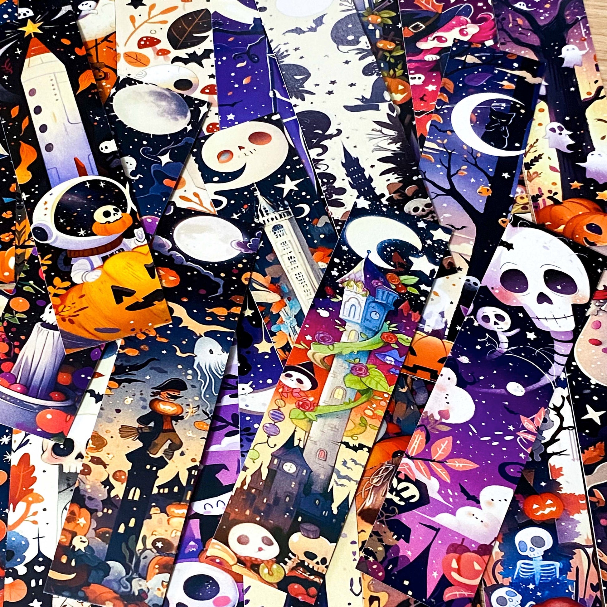 vibrant colourful spooky halloween card bookmark bookmarks set of 5 double sided uk cute kawaii gift gifts shop store stationery supplies planner addict purple orange black skull skulls ghost ghosts pumpkin pumpkins