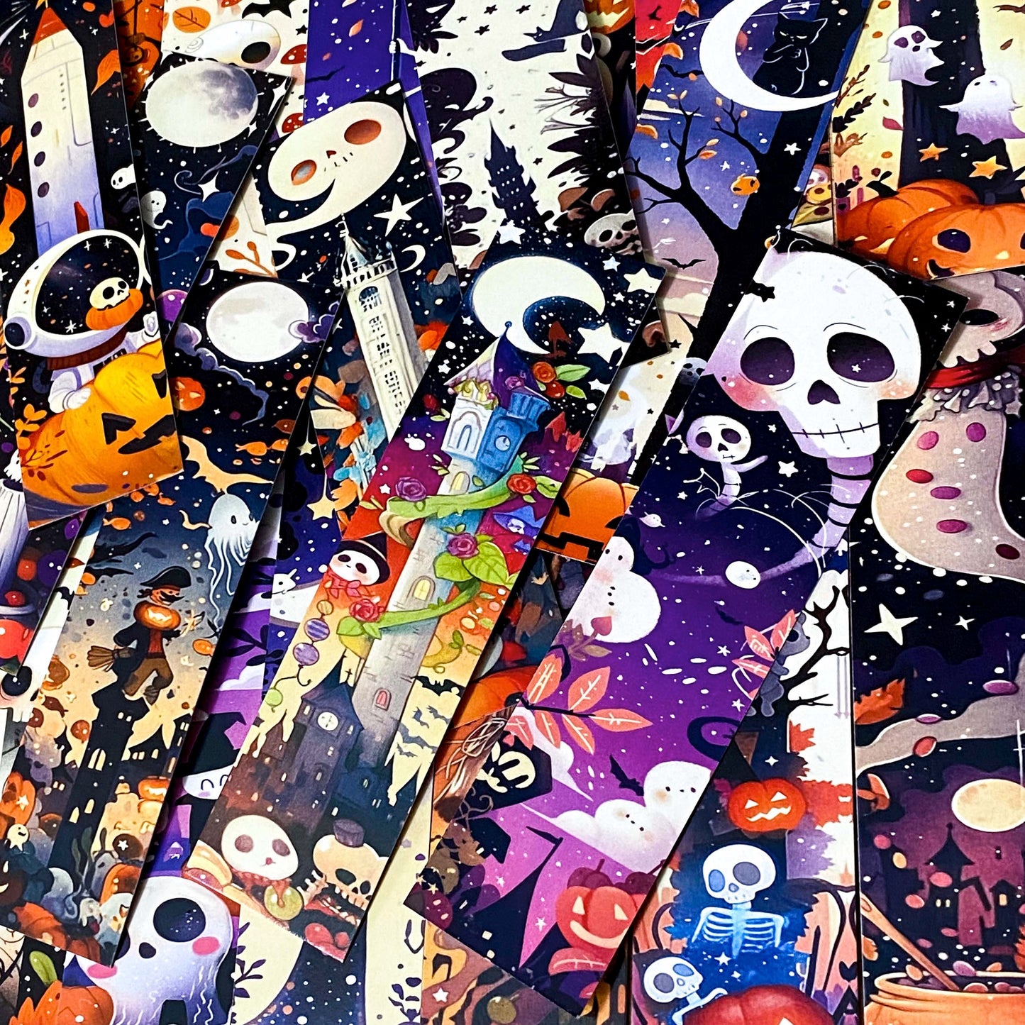 vibrant colourful spooky halloween card bookmark bookmarks set of 5 double sided uk cute kawaii gift gifts shop store stationery supplies planner addict purple orange black skull skulls ghost ghosts pumpkin pumpkins
