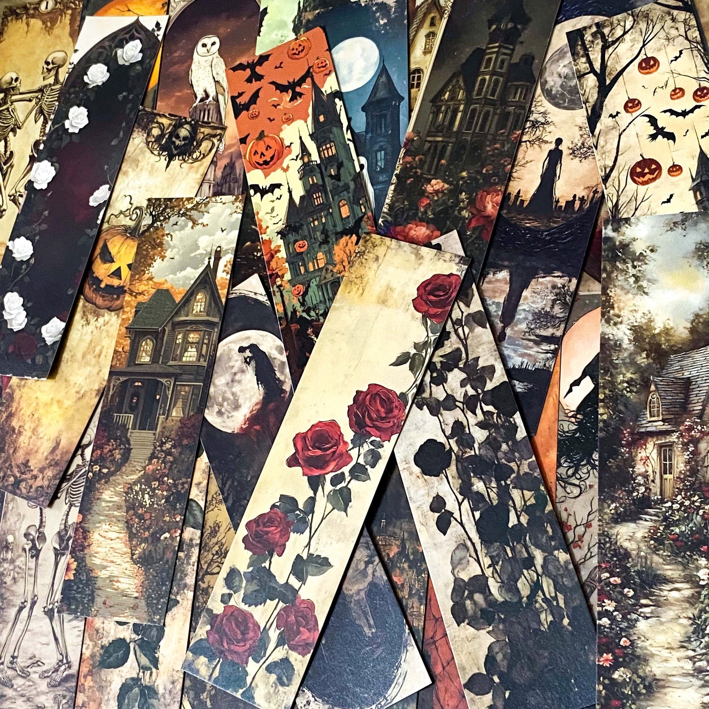 vintage sepia subtle colour halloween card bookmark bookmarks cardboard set of 5 uk cute kawaii craft supplies stationery shop store planner addict addicts spooky ghost witch haunted house spider moon wolf haunted skeleton pumpkin mummy 