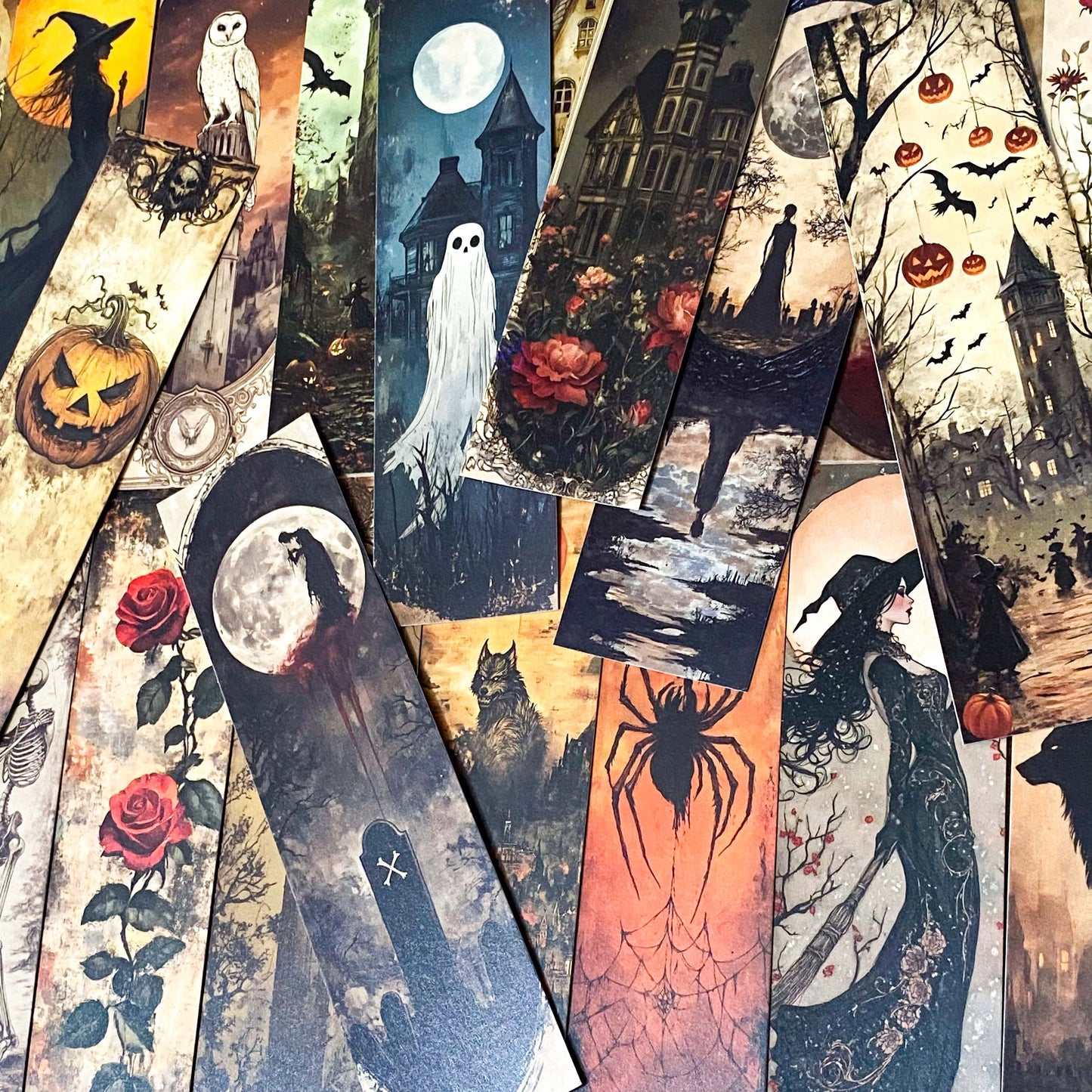 vintage sepia subtle colour halloween card bookmark bookmarks cardboard set of 5 uk cute kawaii craft supplies stationery shop store planner addict addicts spooky ghost witch haunted house spider moon wolf haunted skeleton pumpkin mummy 