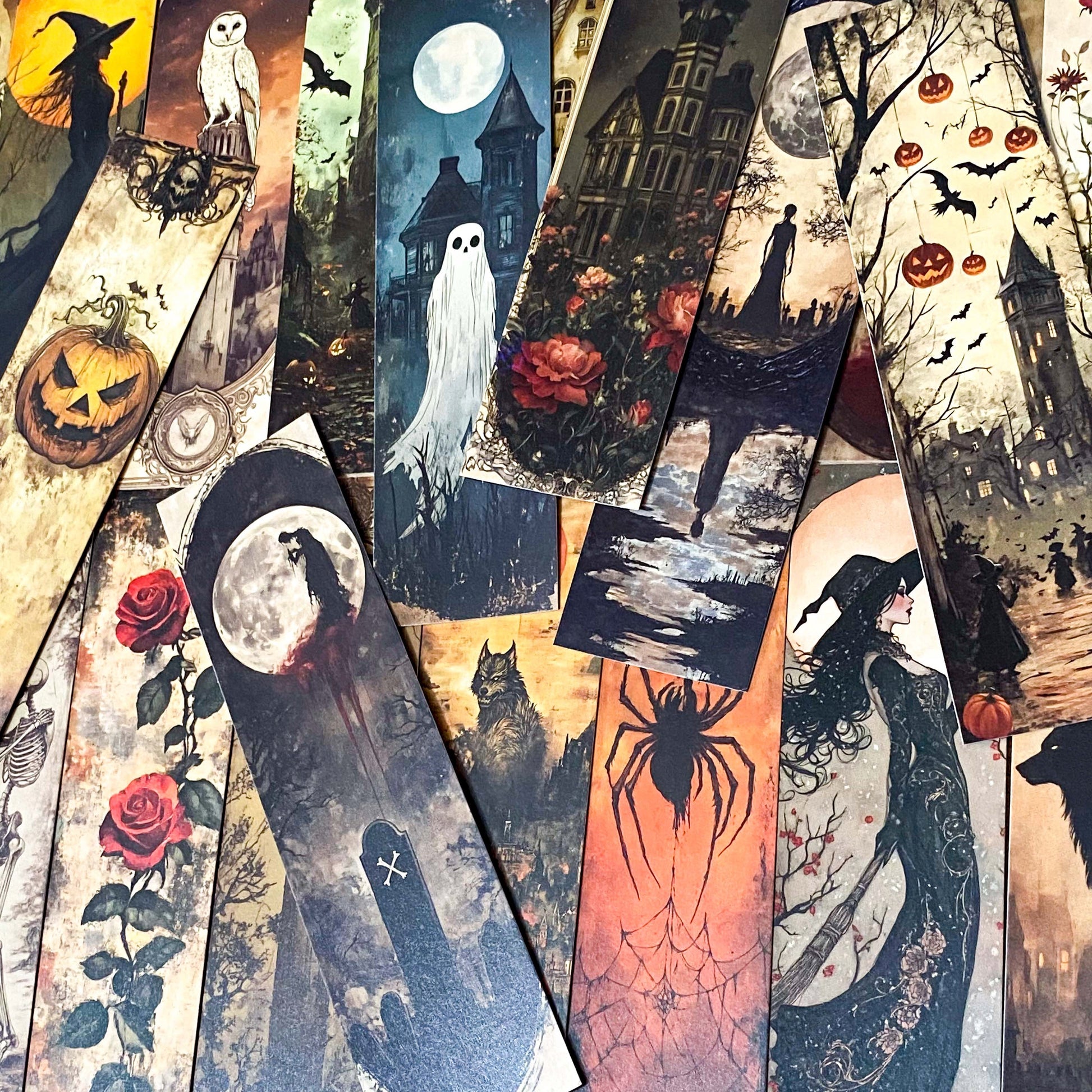 vintage sepia subtle colour halloween card bookmark bookmarks cardboard set of 5 uk cute kawaii craft supplies stationery shop store planner addict addicts spooky ghost witch haunted house spider moon wolf haunted skeleton pumpkin mummy 