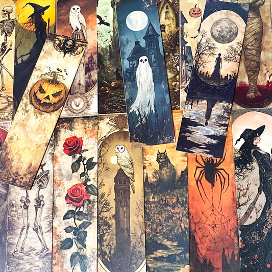 vintage sepia subtle colour halloween card bookmark bookmarks cardboard set of 5 uk cute kawaii craft supplies stationery shop store planner addict addicts spooky ghost witch haunted house spider moon wolf haunted skeleton pumpkin mummy 