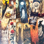 vintage sepia subtle colour halloween card bookmark bookmarks cardboard set of 5 uk cute kawaii craft supplies stationery shop store planner addict addicts spooky ghost witch haunted house spider moon wolf haunted skeleton pumpkin mummy 