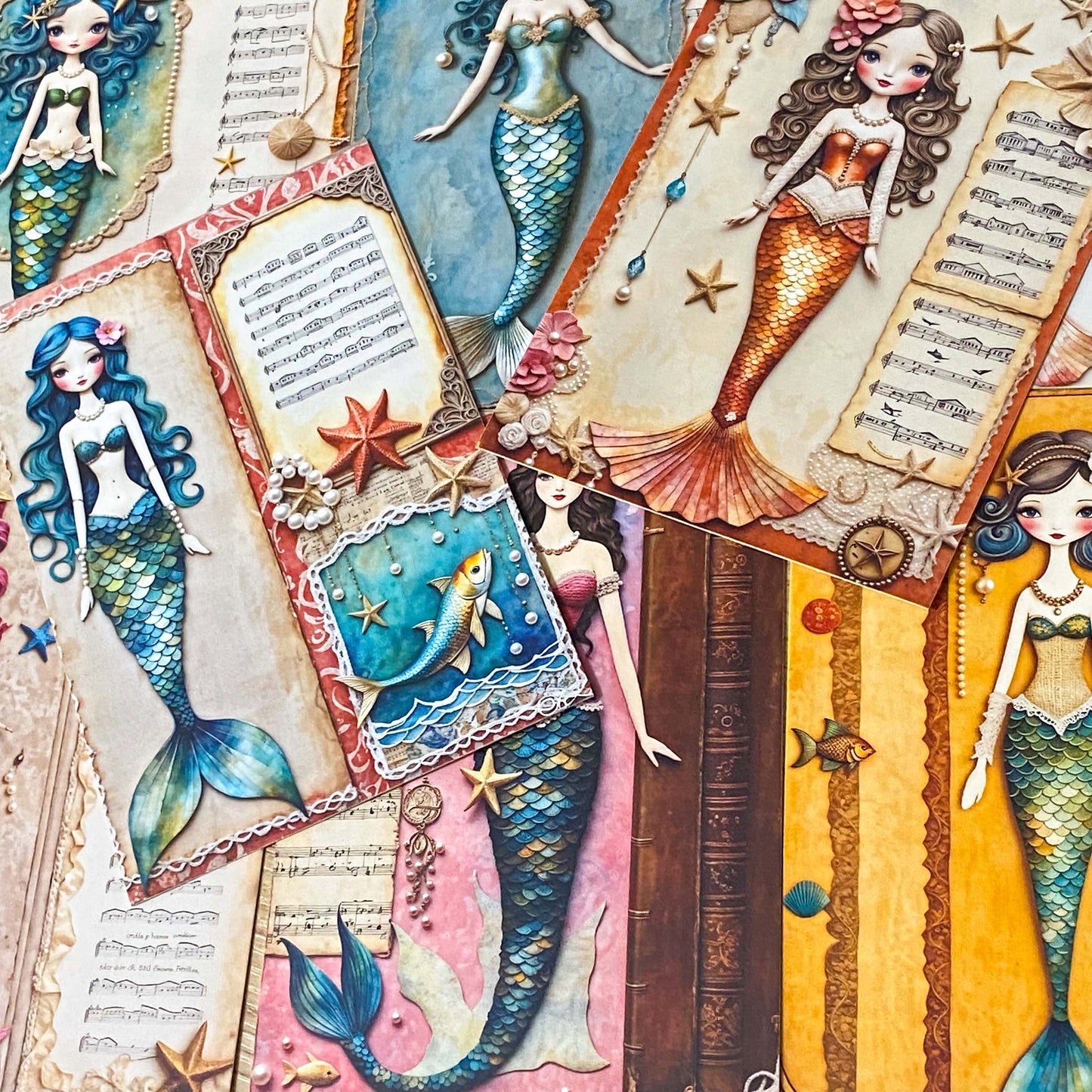 beautiful mermaid mermaids postcard postcards bundle set of 4 uk cute kawaii pastel stationery shop store pretty ocean theme magic magical blue green pink purple teal orange colours pack bundle planner addict sea shell shells music musical notes song songs