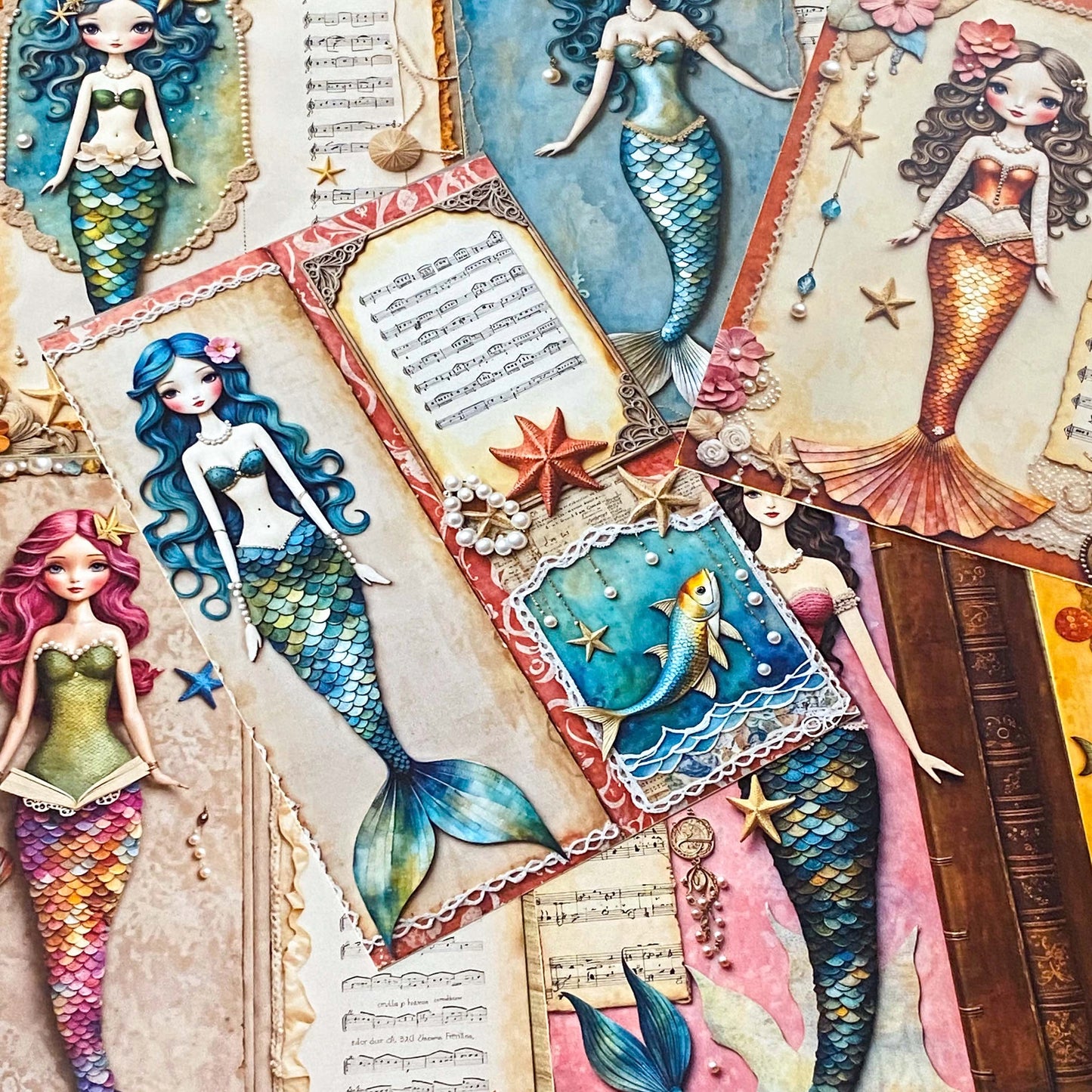 beautiful mermaid mermaids postcard postcards bundle set of 4 uk cute kawaii pastel stationery shop store pretty ocean theme magic magical blue green pink purple teal orange colours pack bundle planner addict sea shell shells music musical notes song songs