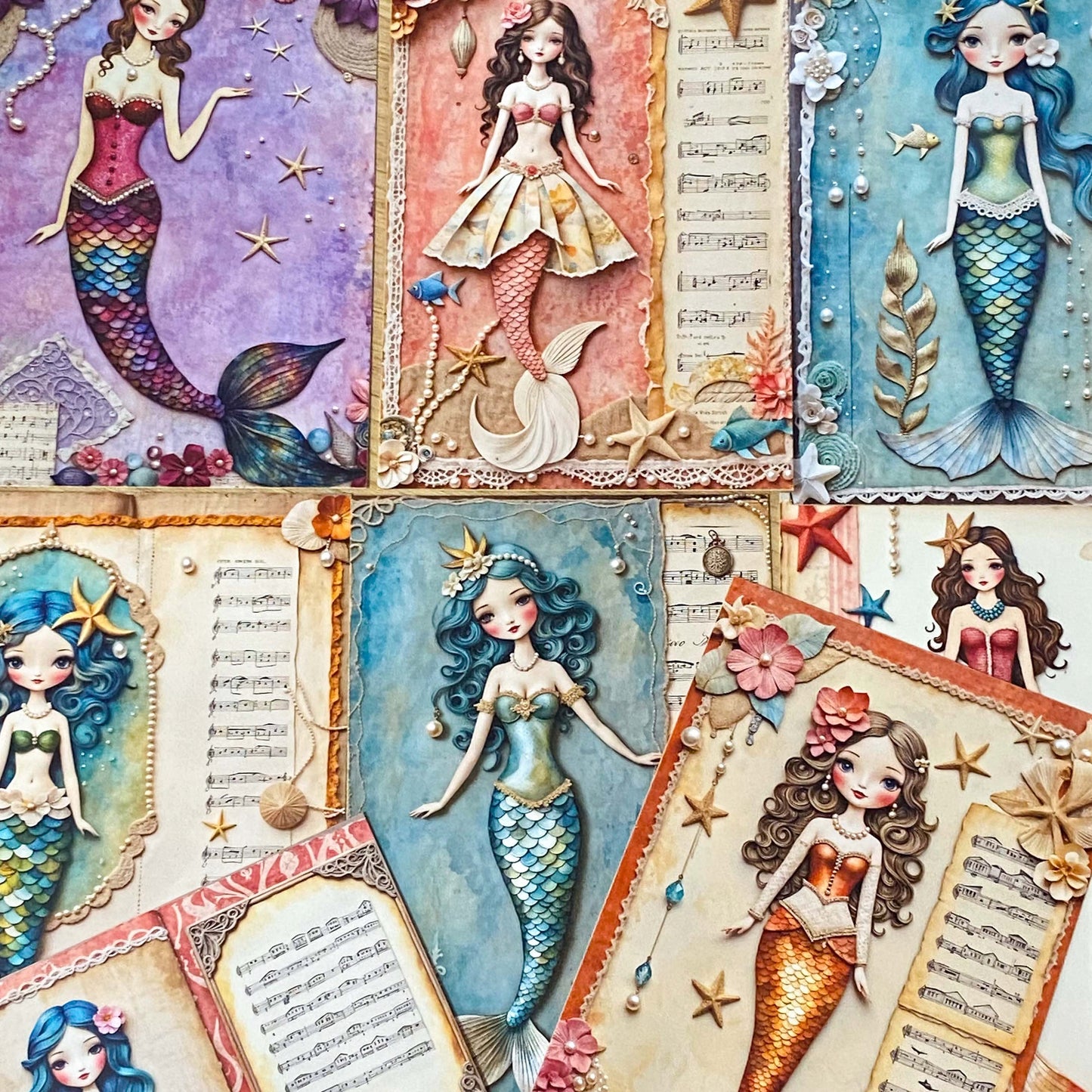 beautiful mermaid mermaids postcard postcards bundle set of 4 uk cute kawaii pastel stationery shop store pretty ocean theme magic magical blue green pink purple teal orange colours pack bundle planner addict sea shell shells music musical notes song songs