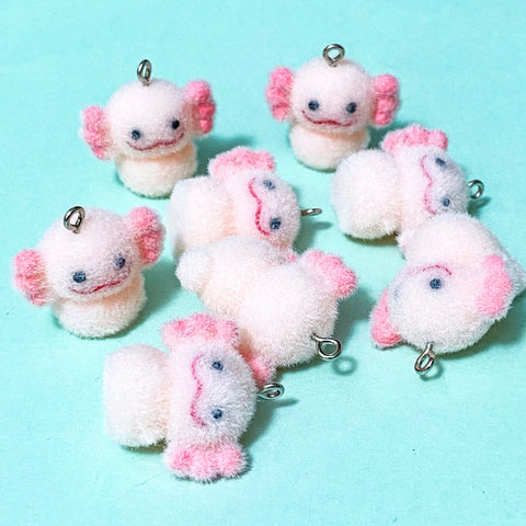 axolotl axolotls pink fluffy charm charms pendant pendants flocked furry soft silver tone uk cute kawaii animal animals craft supplies shop store large big chunky