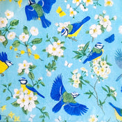 blue tits and white apple blossom patterned blue and yellow tissue paper sheets