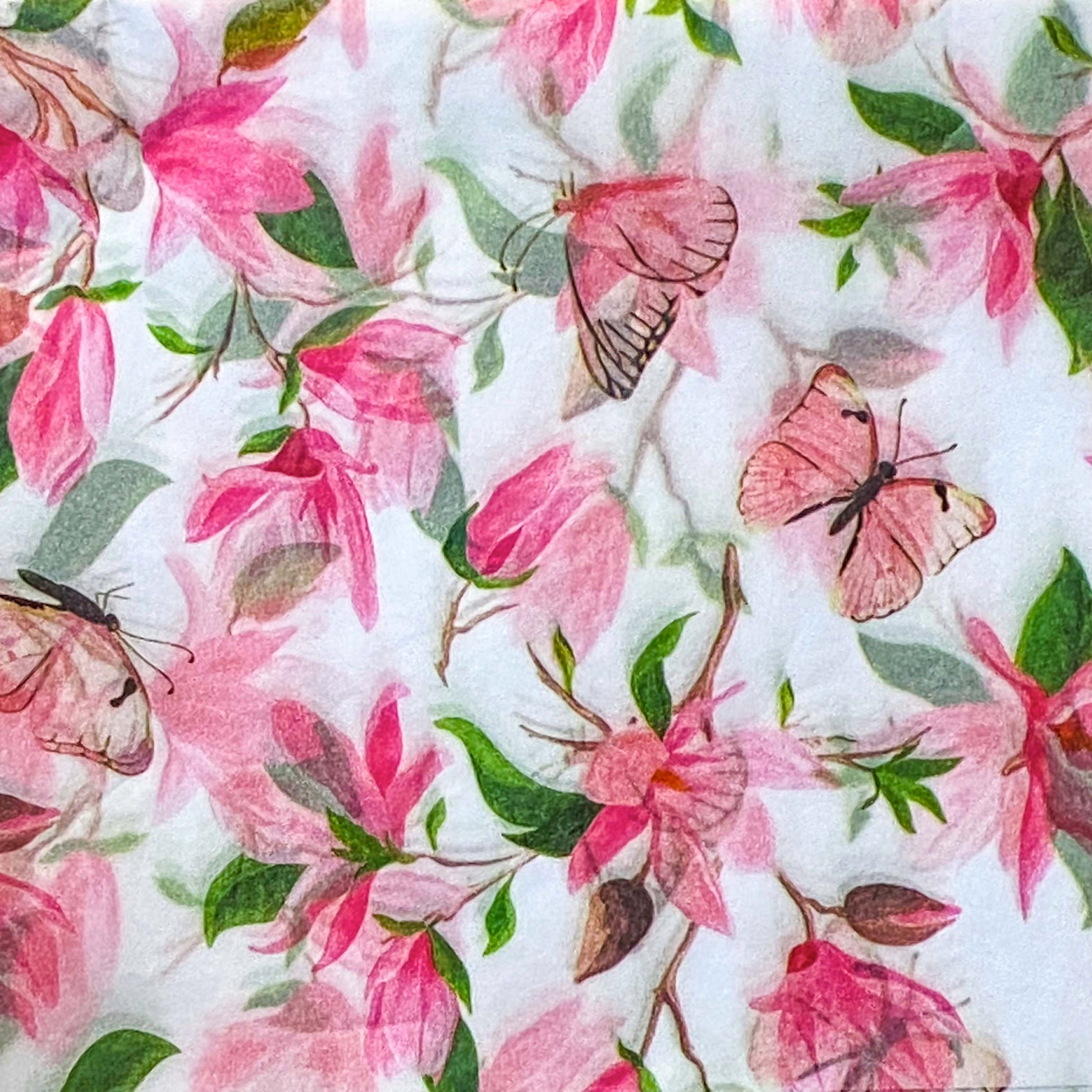 pink butterflies and flowers tissue paper on a white background