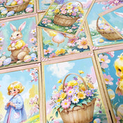 pastel easter and spring postcards with chicks bunnies and little girls