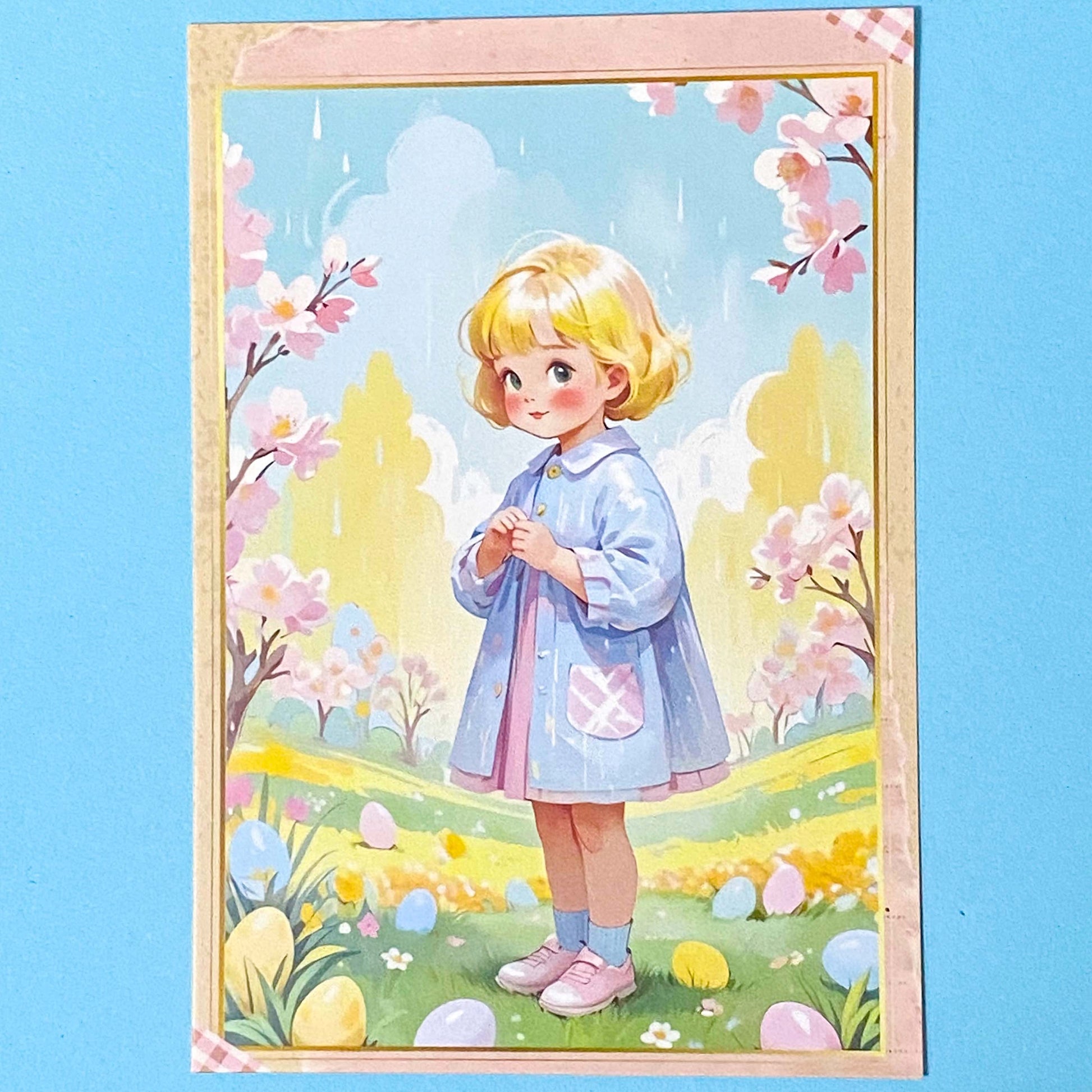pastel postcard of a girl in a spring setting with flowers and eggs on a blue background