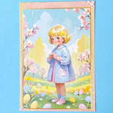 pastel postcard of a girl in a spring setting with flowers and eggs on a blue background