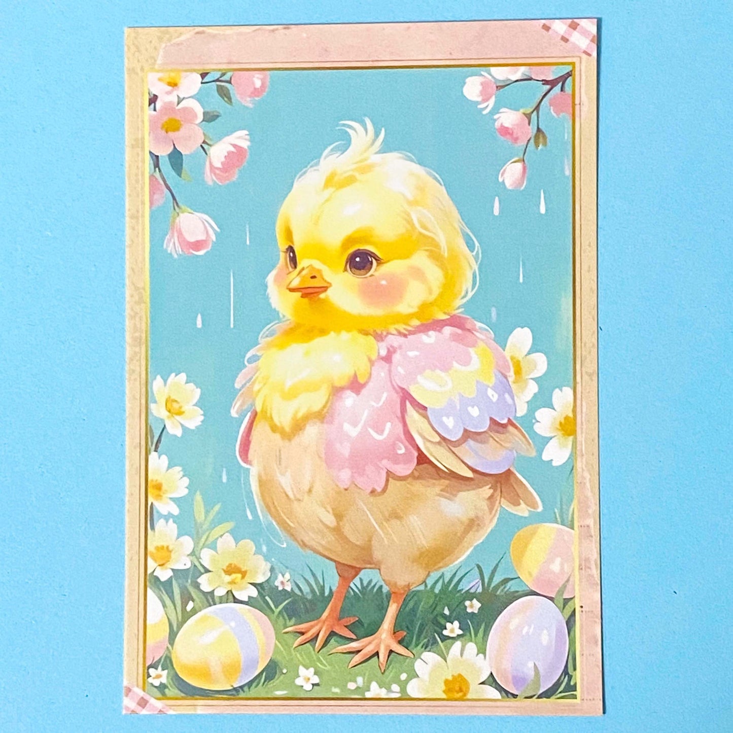 easter postcard of a cute yellow chick with pastel wings on a blue background