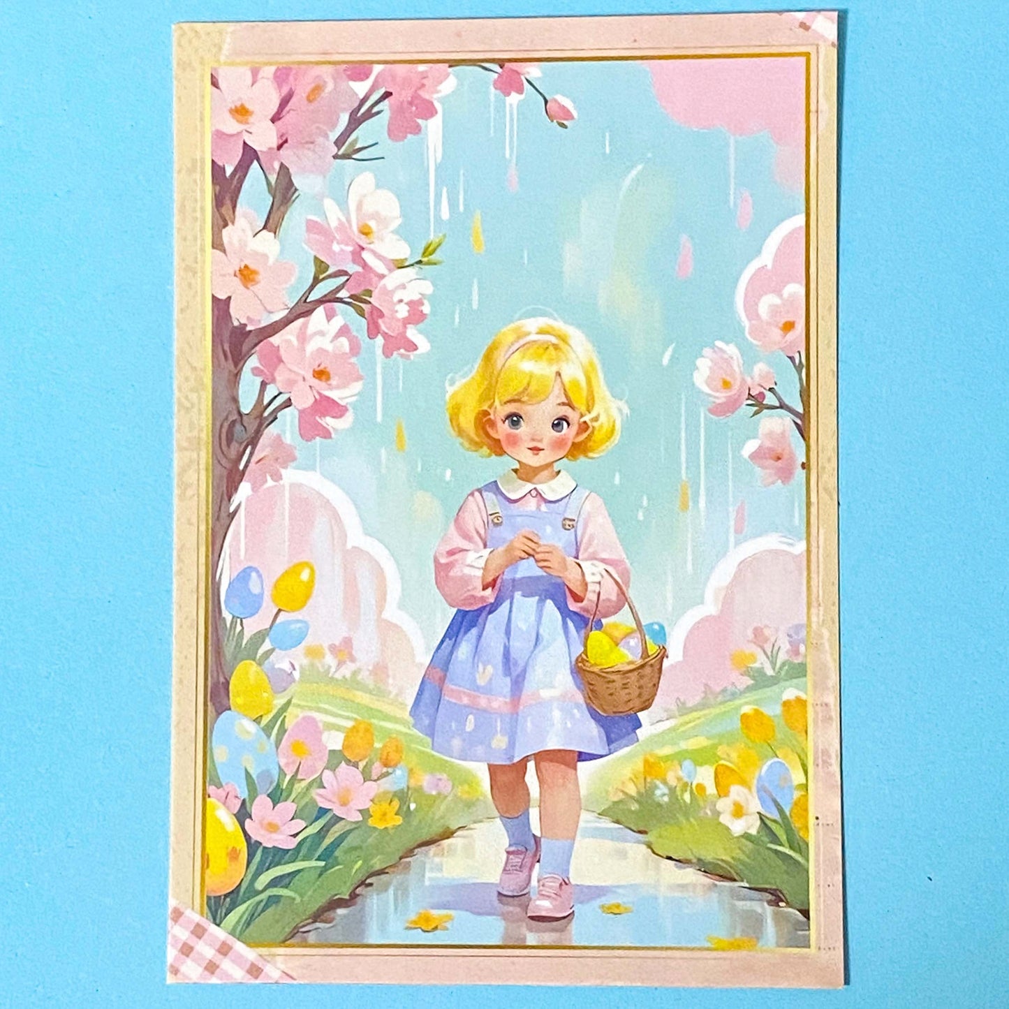 postcard of a girl with a basket under cherry blossoms on a blue background