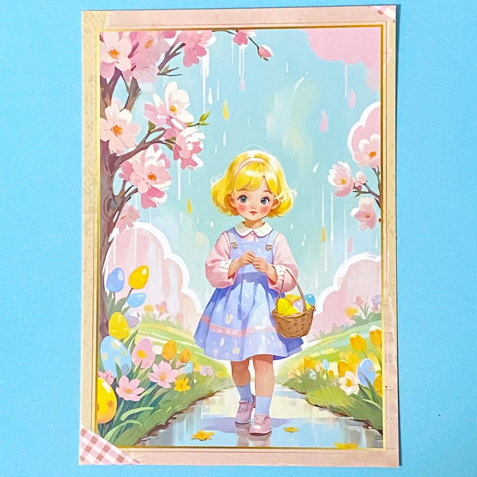 postcard of a girl with a basket under cherry blossoms on a blue background