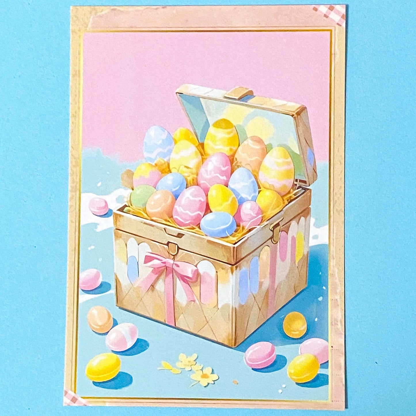 postcard of a wooden crate filled with colourful Easter eggs on a blue background