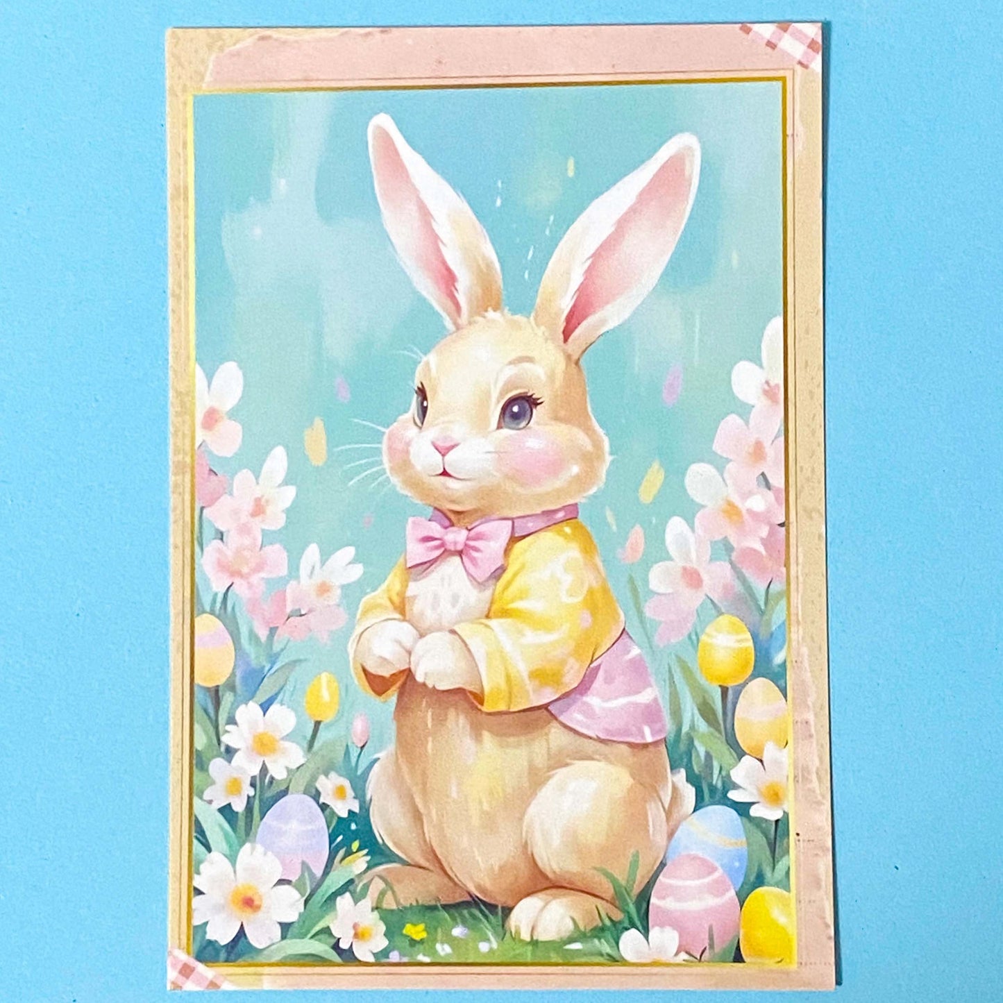 easter postcard of a bunny with a bow tie in a floral setting on a blue background
