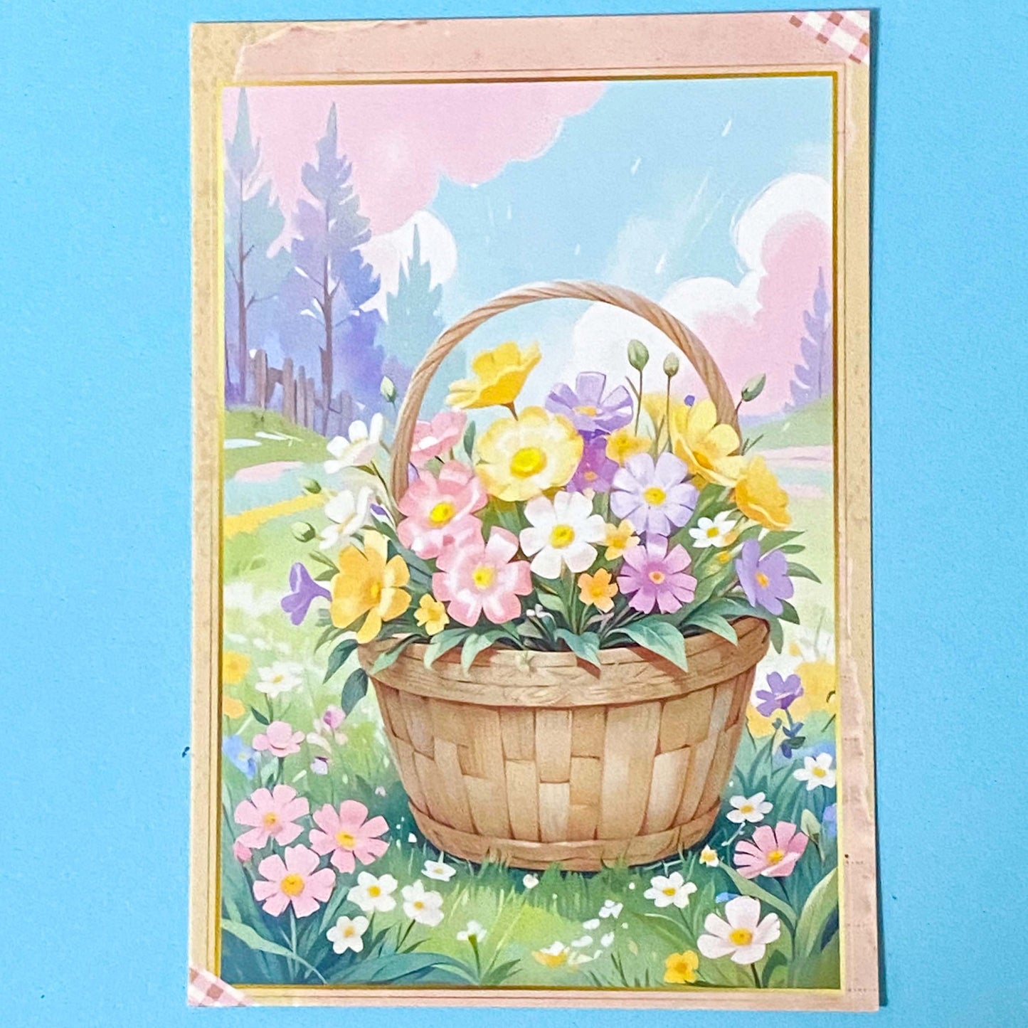 easter postcard of a basket of flowers with a scenic background on a blue background