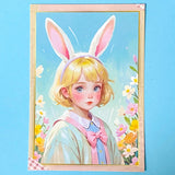 spring postcard of a retro girl with bunny ears surrounded by flowers on a blue background