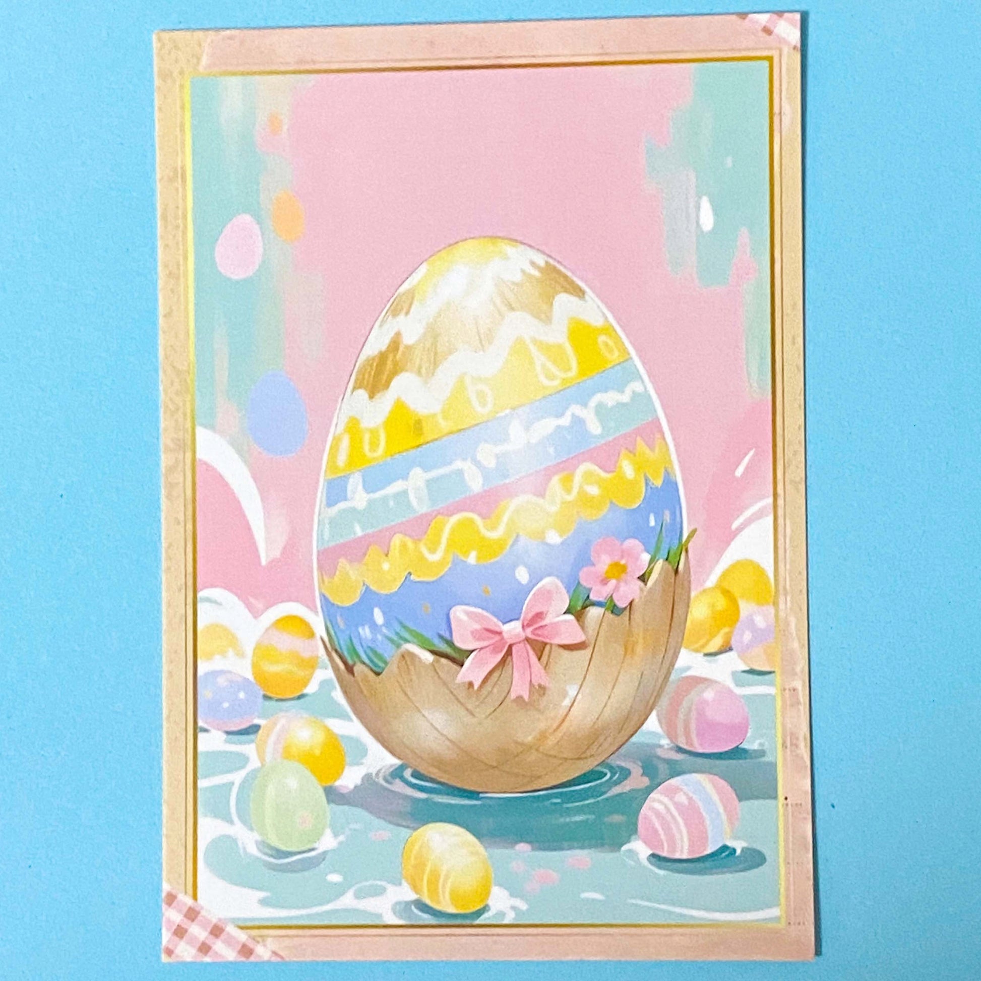 Colourful Easter egg postcard on a blue background