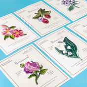 floral embroidery applique patches on white cards showing rose, lily of the valley raspberry and blossom