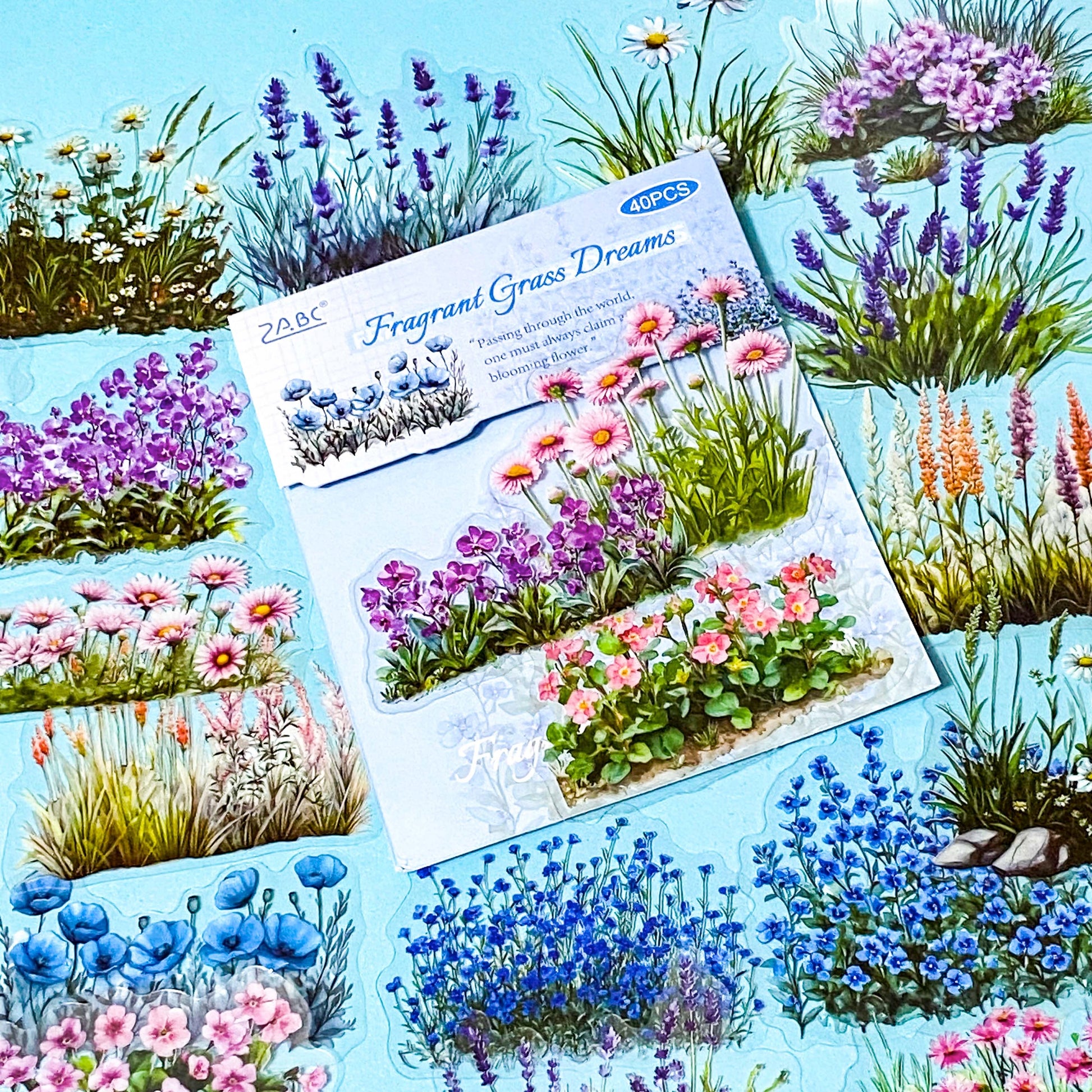 flower border pack of 40 large clear stickers with herbaceous borders and pretty pink blue and white plants on a blue background