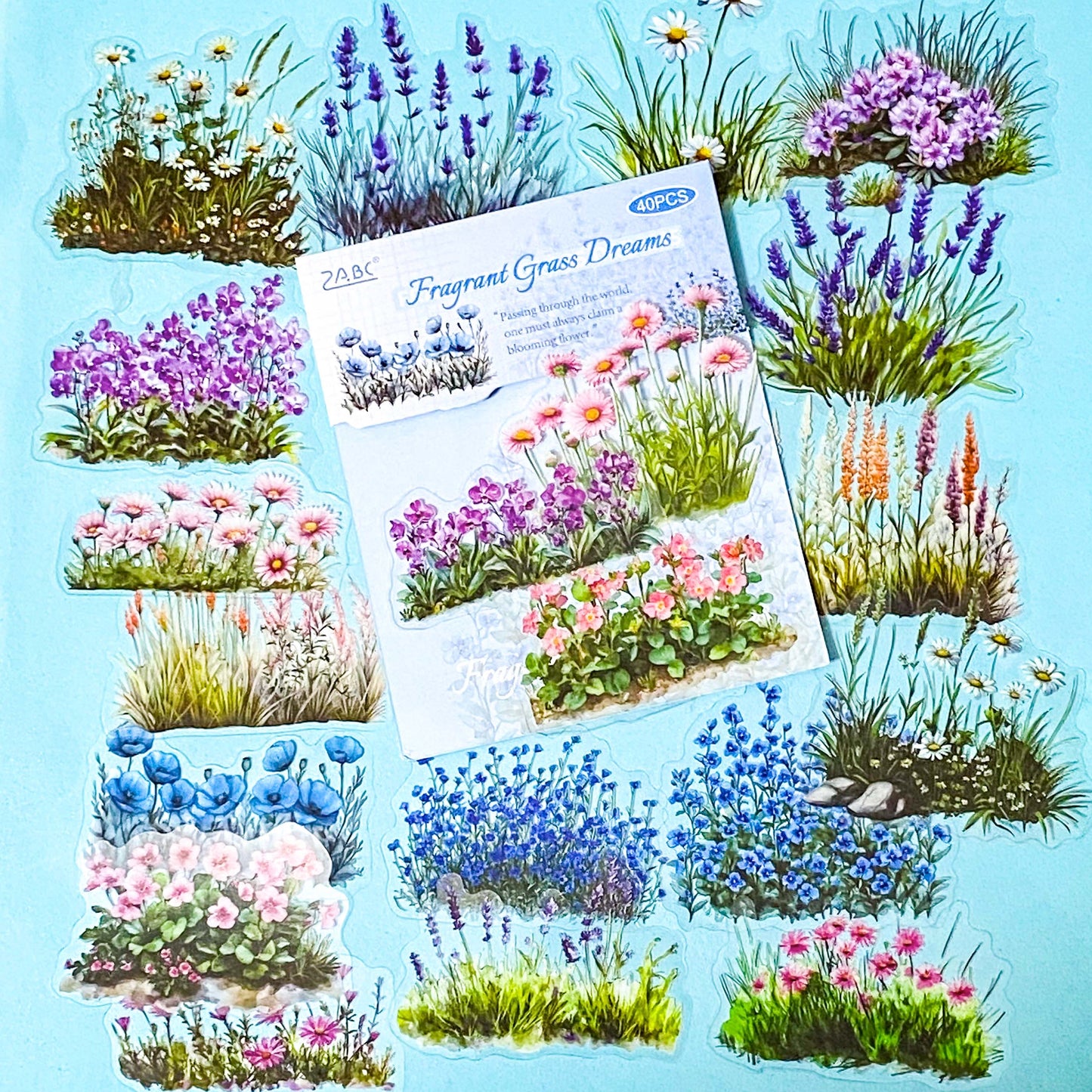 flower border pack of 40 large clear stickers with herbaceous borders and pretty pink blue and white plants on a blue background