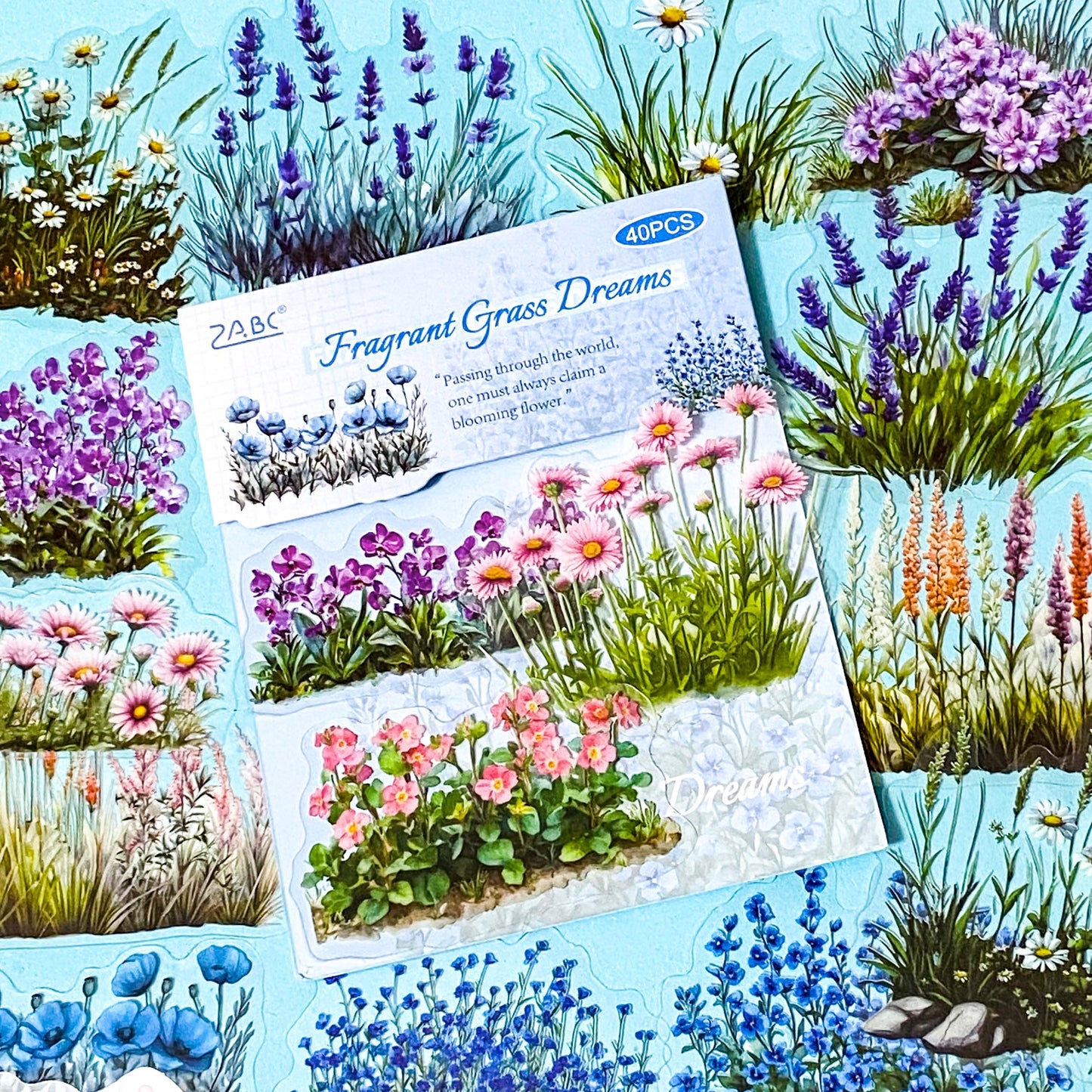 flower border pack of 40 large clear stickers with herbaceous borders and pretty pink blue and white plants on a blue background
