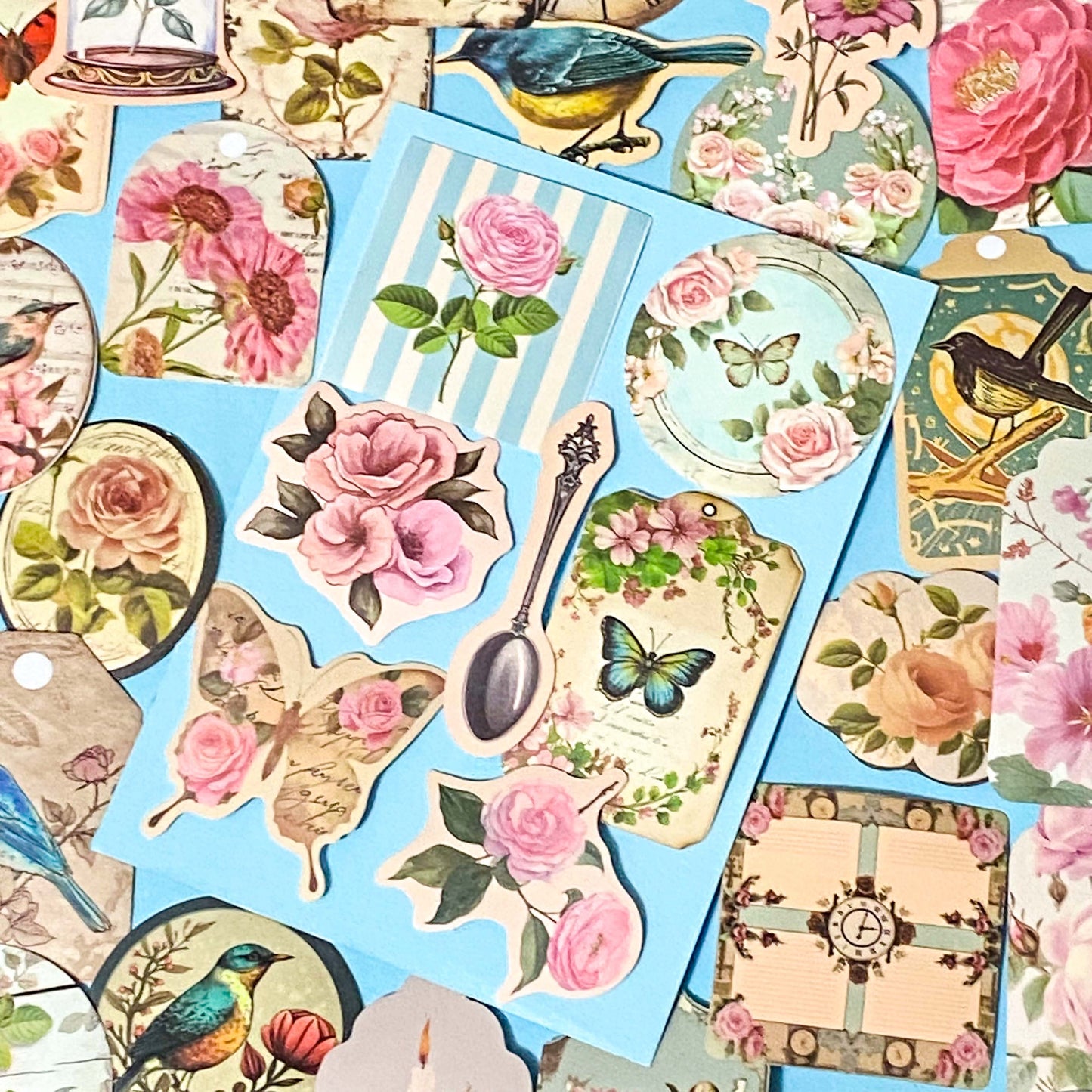 Vintage Botanical Bird & Rose Sticker Pack- 52/26 Cottagecore Laptop & Scrapbook Stickers