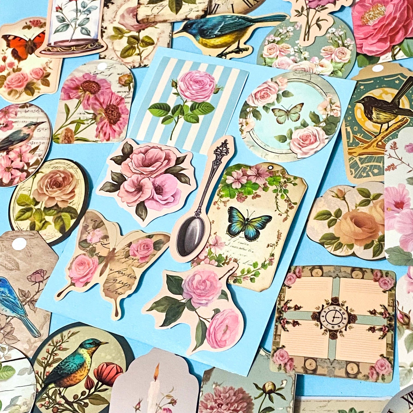 Vintage Botanical Bird & Rose Sticker Pack- 52/26 Cottagecore Laptop & Scrapbook Stickers