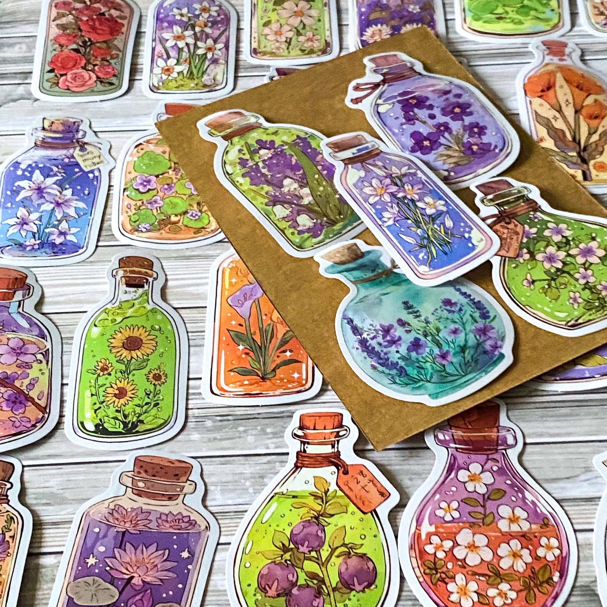 botanical potion bottle stickers with flowers in glass jars, floral vintage apothecary glossy laptop sticker set