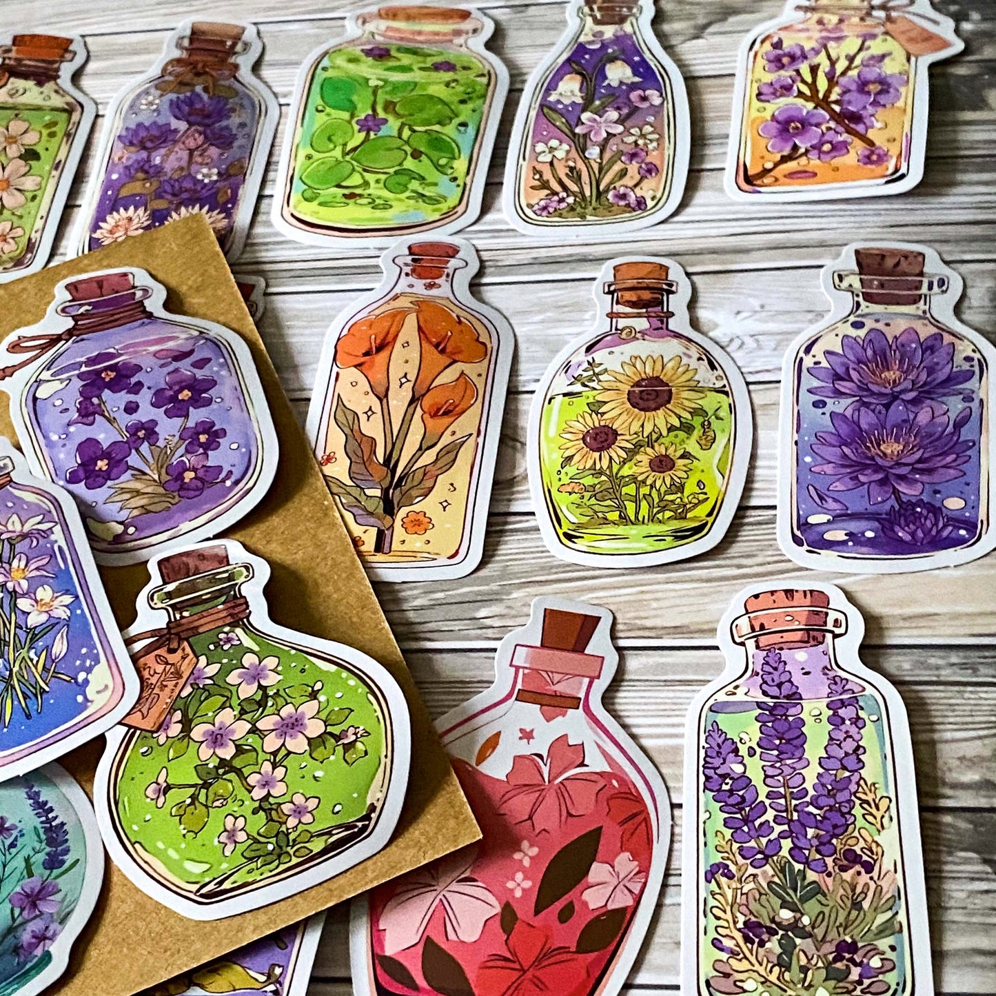 botanical potion bottle stickers with flowers in glass jars, floral vintage apothecary glossy laptop sticker set