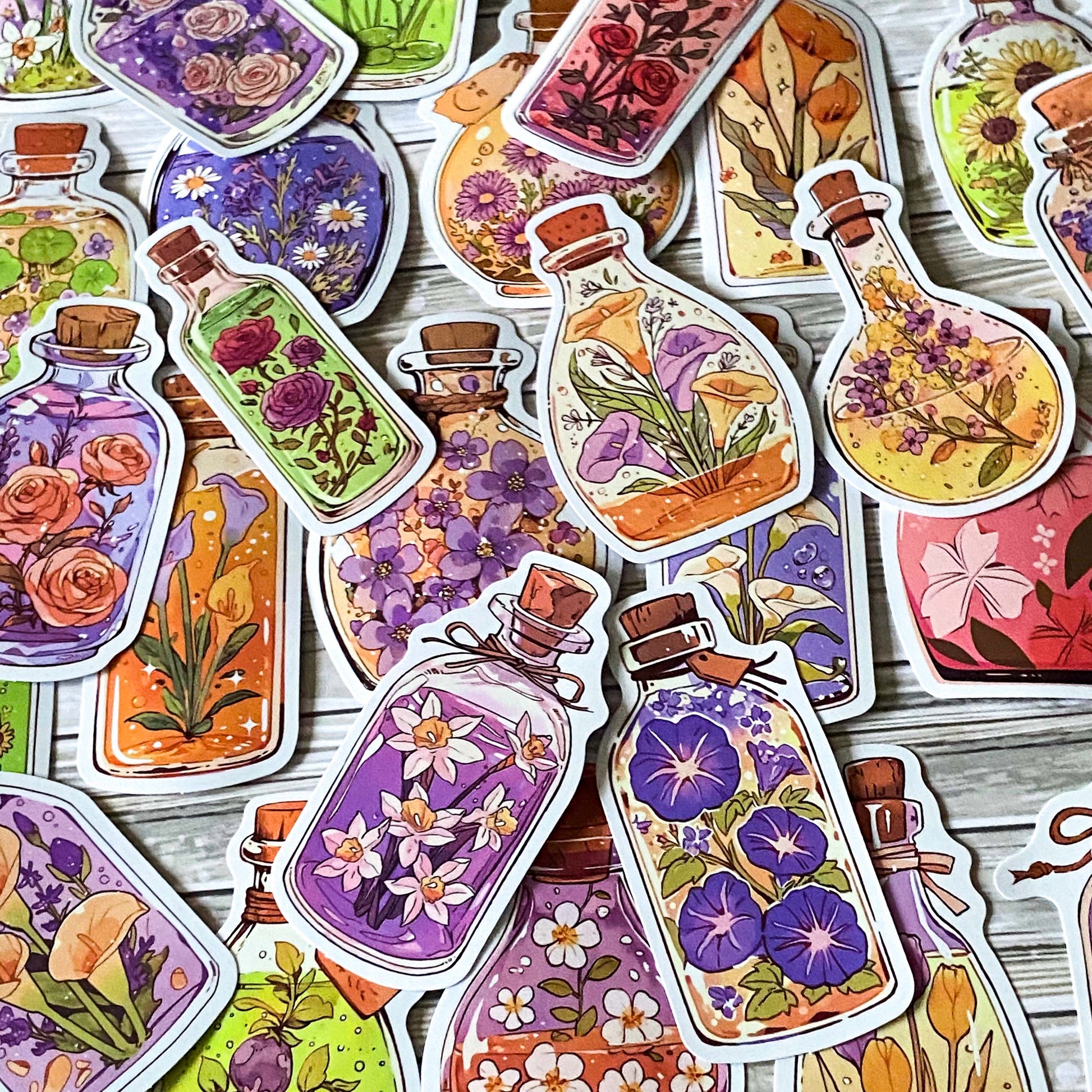 botanical potion bottle stickers with flowers in glass jars, floral vintage apothecary glossy laptop sticker set