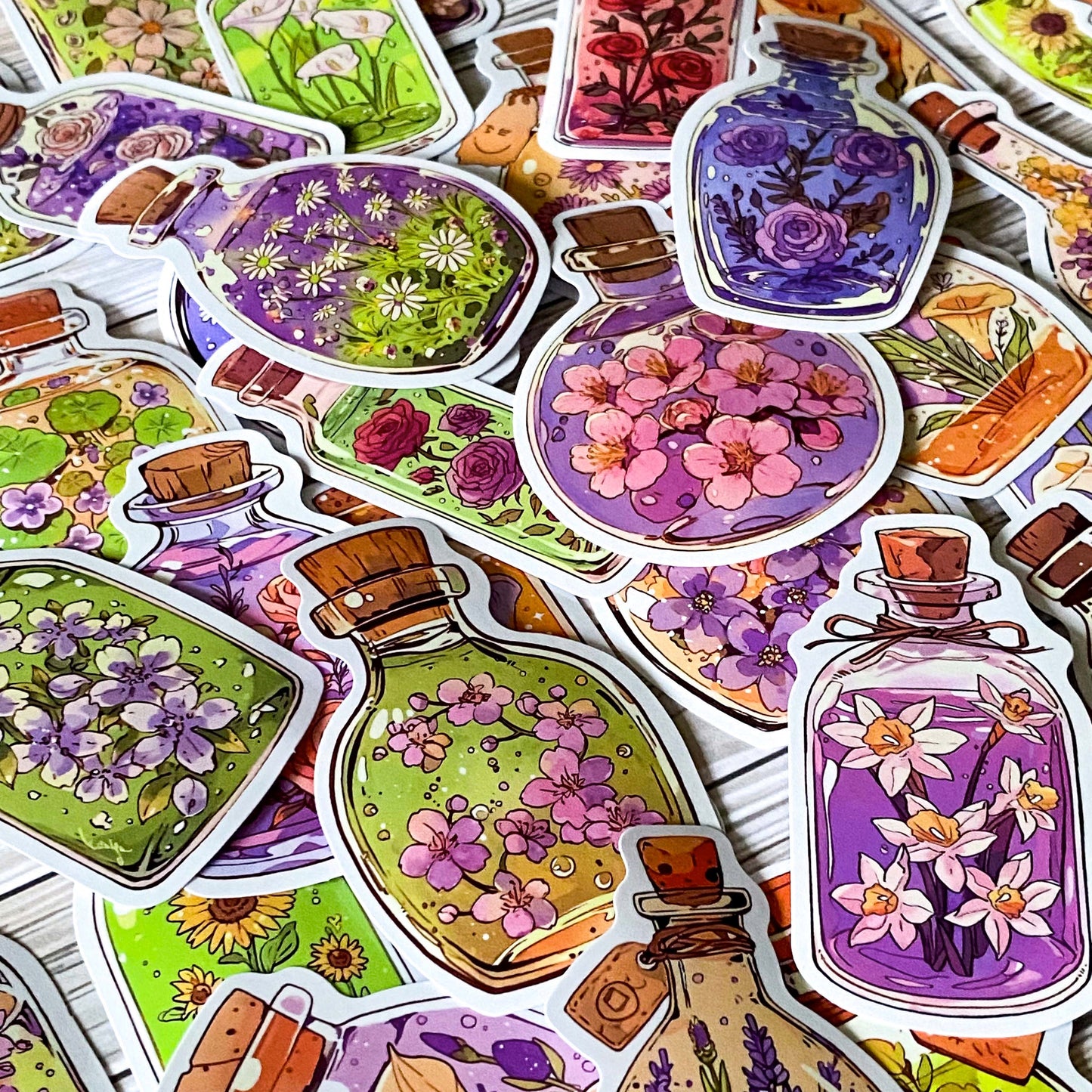 botanical potion bottle stickers with flowers in glass jars, floral vintage apothecary glossy laptop sticker set