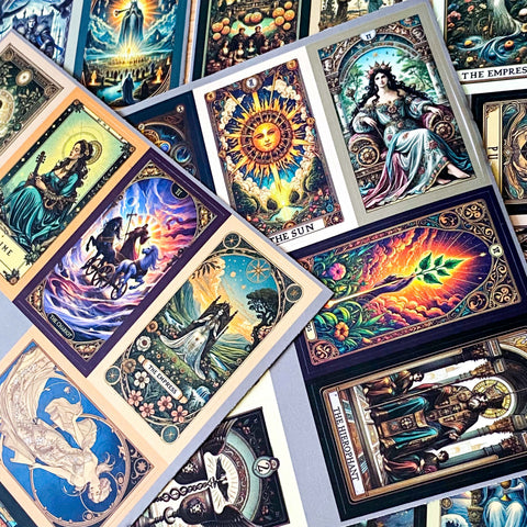 set of 6 sheets (48 stickers) of satin finish mystic sticker with tarot-inspired celestial, gothic and fantasy card designs