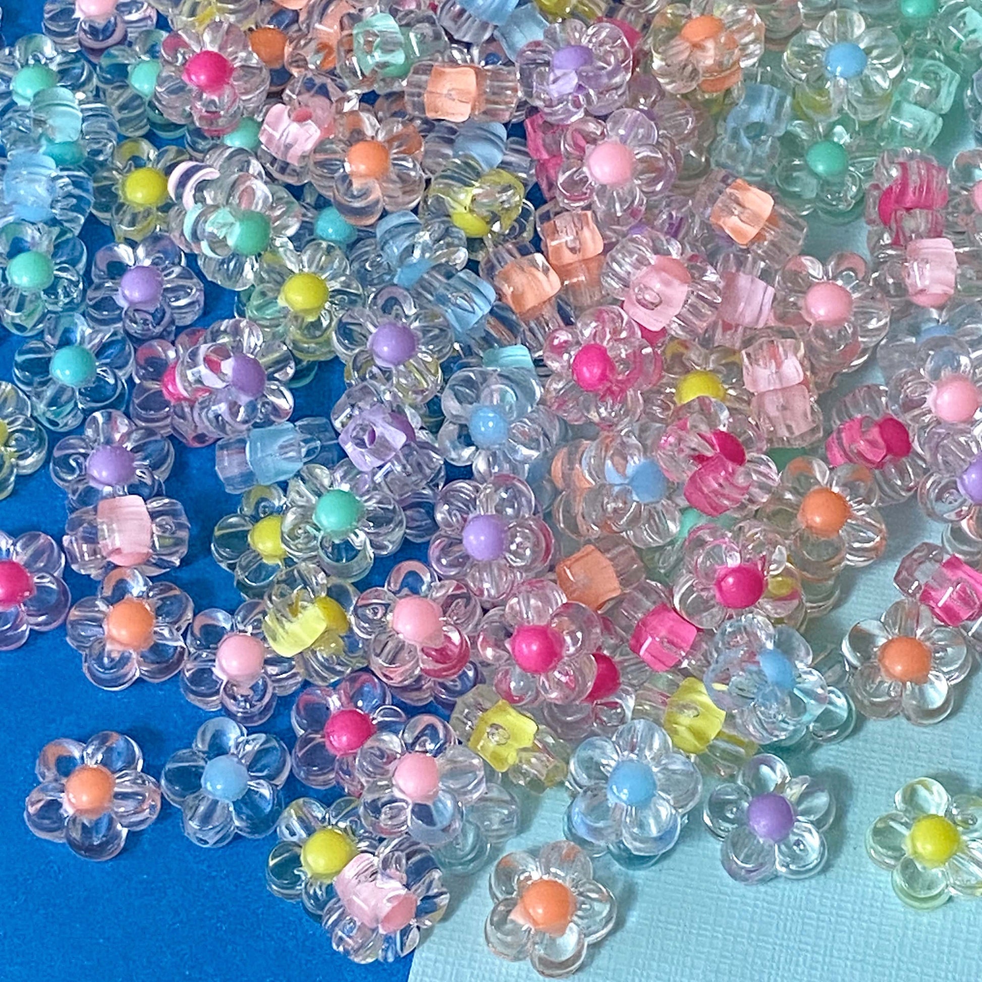 clear transparent flower flowers floral bead beads 12mm chunky pretty colourful centre uk cute kawaii craft supplies shop store single pink cerise lilac purple yellow blue turquoise