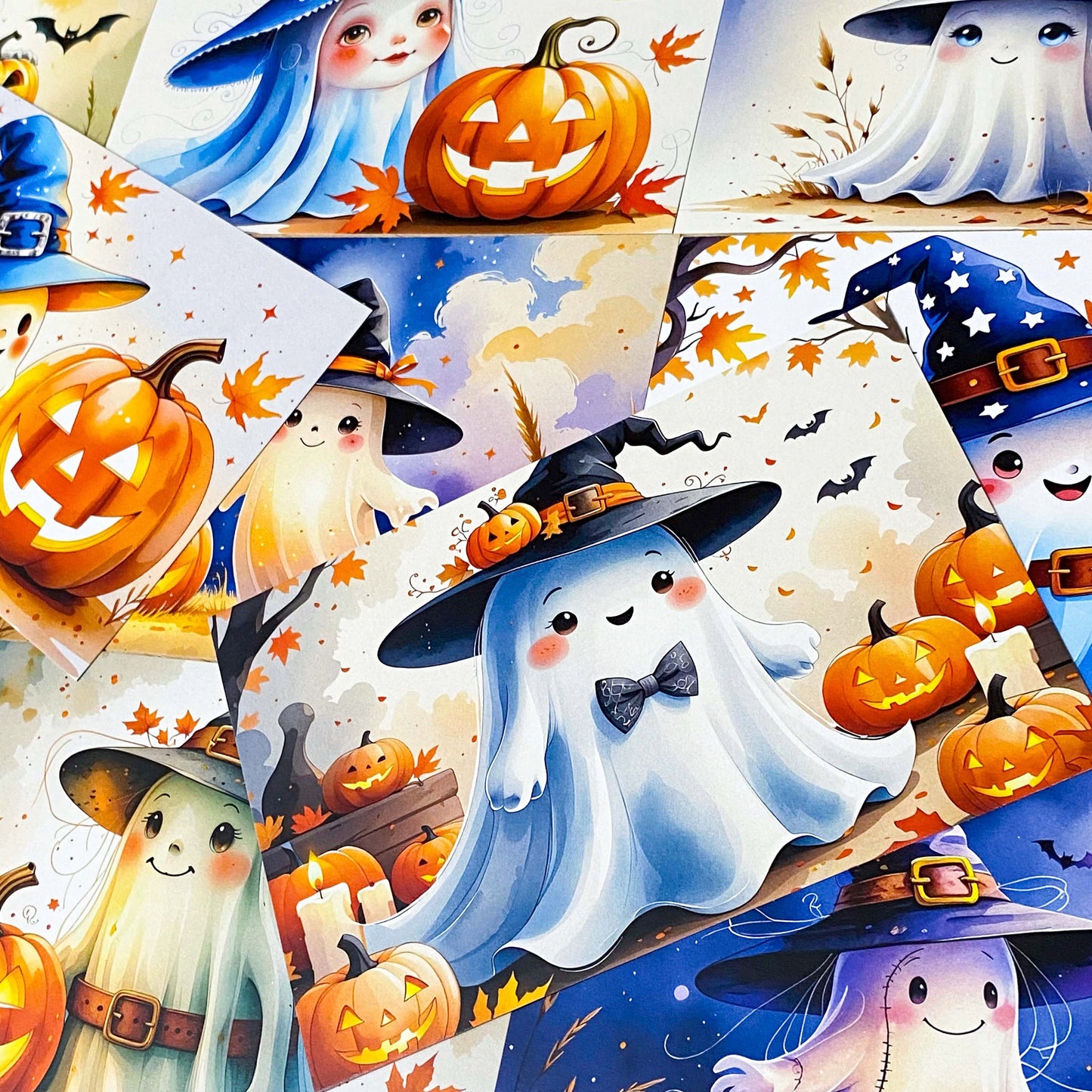 kawaii pumpkin witch witches ghost ghosts cute cards postcard postcards uk stationery halloween bundle of 4 orange purple blue black and white glossy card set planner supplies spooky